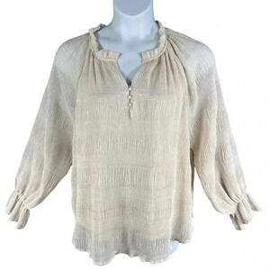 UMGEE Womens L Ruffle Metallic Champagne Blouse Crinkled Shimmer Mandarin Neck